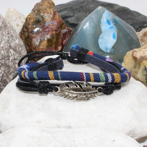 Kuş Tüyü Figür Deri Örme Erkek Bileklik TASARIM Unisex Bileklik - 222