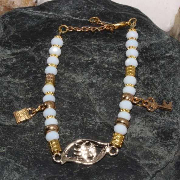 BEYAZ Renk Nazar Boncuklu CAM Bileklik - Kadın Bilekliği - Nazar Boncuğu Bileklik - Bilezik - 2