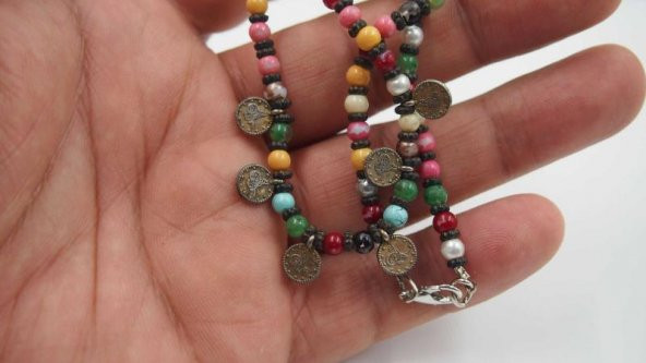 Sanat Taciri- El İşi Eskilerden Antika Tuğra Paralı Boncuk Kolye - 4