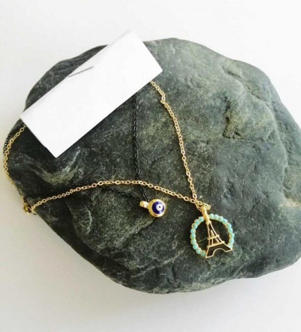 Sanat Taciri- Çift Zincirli Kalpli Nazar Boncuklu Piza Kulesi Kolye Bujiteri Takı