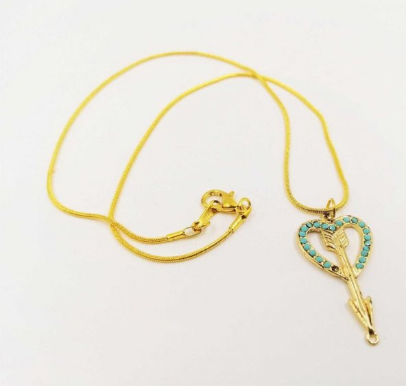 Altın Sarısı Kolyeli Kalp Ve Ok Temalı Kolye Takı Malzemesi Bujiteri