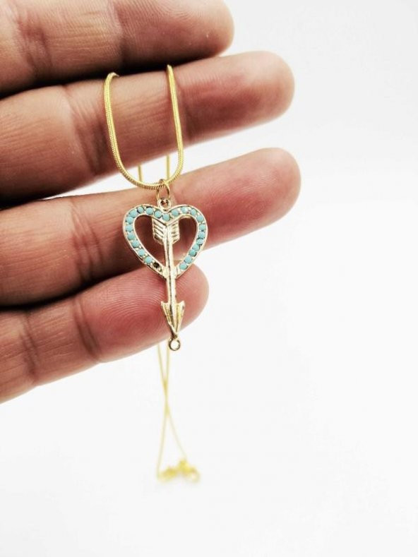 Altın Sarısı Kolyeli Kalp Ve Ok Temalı Kolye Takı Malzemesi Bujiteri - 2