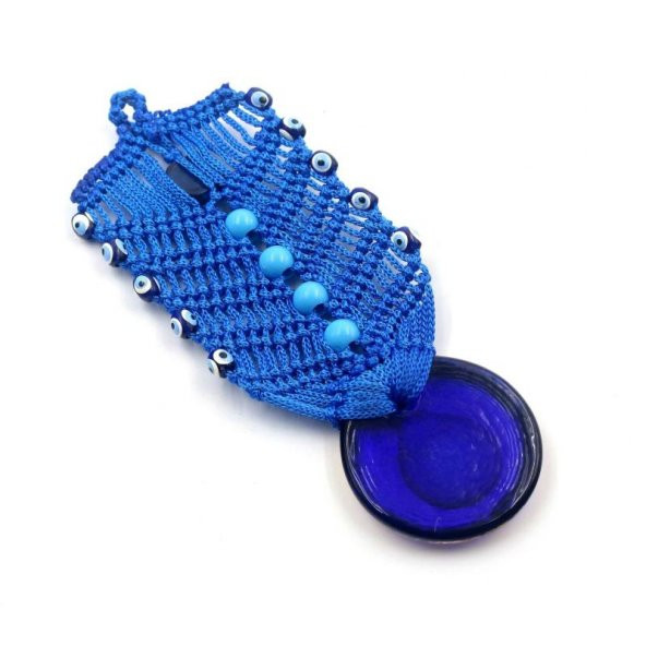 Mavi Renkli Makrome Altın Yaldızlı Cam Nazar Boncuğu - Duvar Süsü Nazarlık - No - 20 - 2