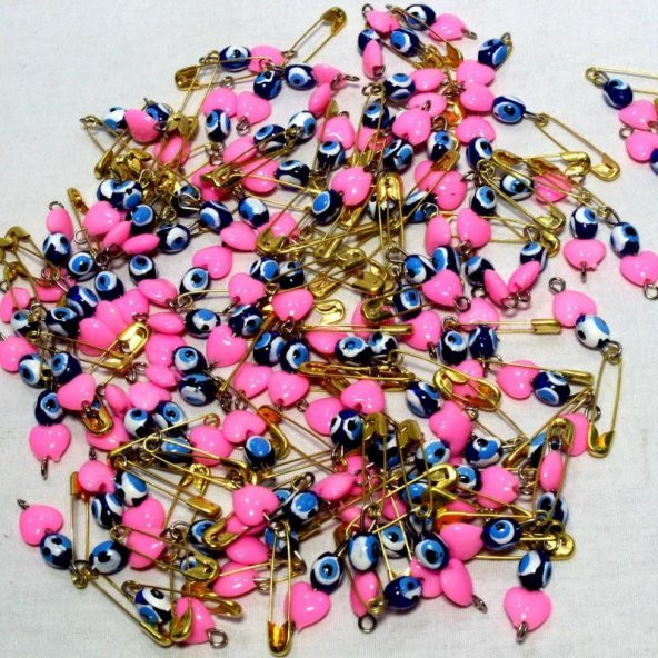sk- 100 Adet - Pembe Kalp Nazar Boncuklu Çengelli İğne - Baby Shower - Kına - Nihah Şekeri Malzemesi - Resim 2