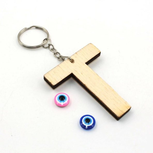 T Harfi Nazar Boncuklu Ahşap Anahtarlık - Baş Harf Anahtarlık - Kişiye Özel Anahtarlık - 2