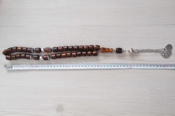 Dev Boy 52cm uzunluğunda Toz Kehribar Tesbih + Sıkma Kehribar Ağızlık+ Ahşap Kutu Büyük Habbeli Alpaka Püsküllü Tebih