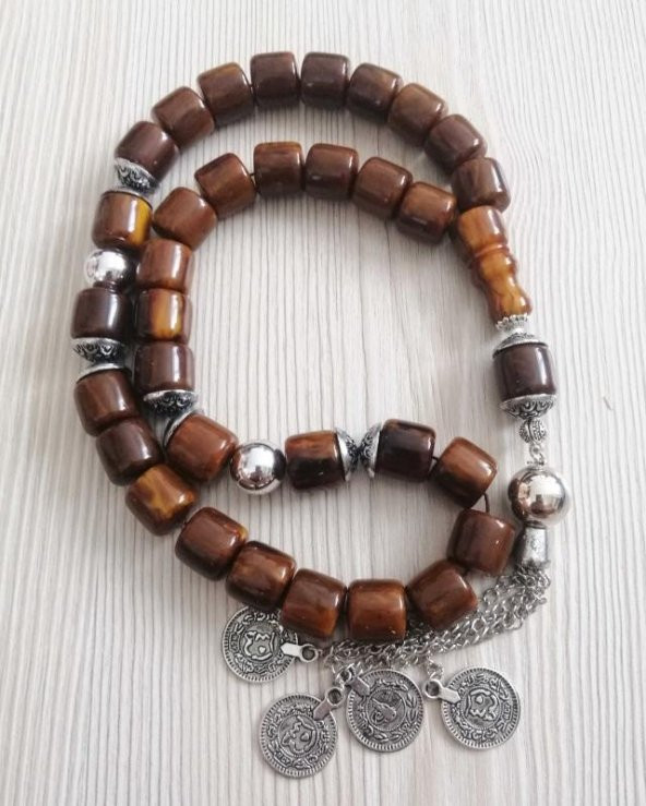 Dev Boy 52cm uzunluğunda Toz Kehribar Tesbih + Sıkma Kehribar Ağızlık+ Ahşap Kutu Büyük Habbeli Alpaka Püsküllü Tebih - 2