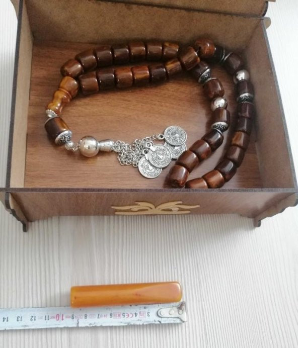 Dev Boy 52cm uzunluğunda Toz Kehribar Tesbih + Sıkma Kehribar Ağızlık+ Ahşap Kutu Büyük Habbeli Alpaka Püsküllü Tebih - 4