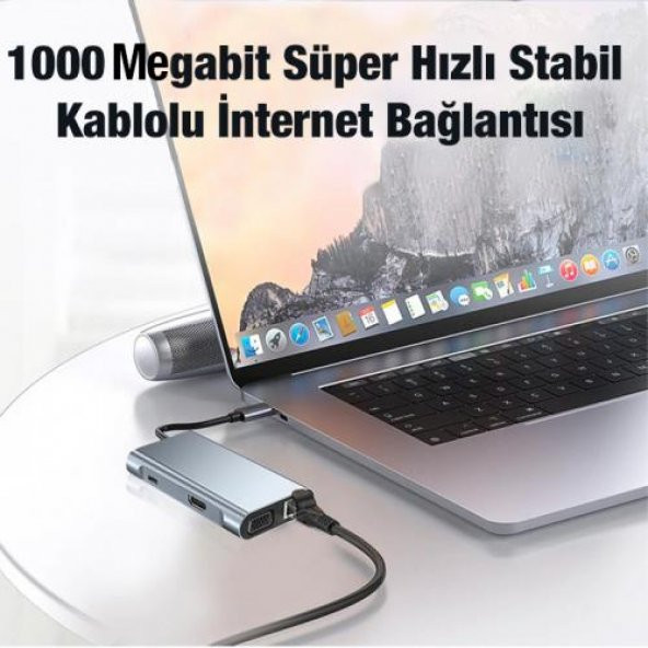Coofbe 87W 7in1 PD Type C Çevirici Adaptör, 1x 4K HDMİ, 1x VGA, 1x RJ45, 1x PD Type C, 3x USB HUB - 6