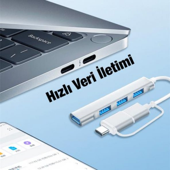 Coofbe Type-C + USB Girişli 4in1 Çevirici Adaptör, 3x USB 3.0 Çevirici HUB Tak Çalıştır Adaptör - 3