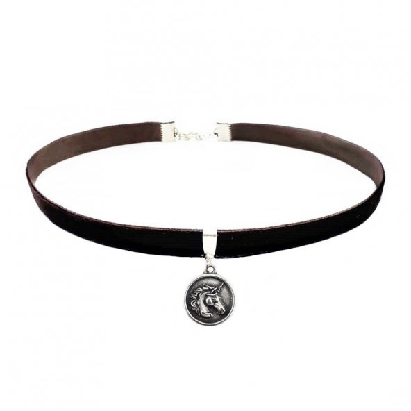 Kahverengi Kadife Kadın Unicoro Choker Kolye - Resim 5