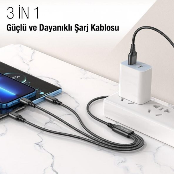 Coofbe 3in1 1 Metre USB To Type-C, iPhone Lightning,  Micro USB Şarj ve Data Kablosu, 2A Halat Kablo - 2