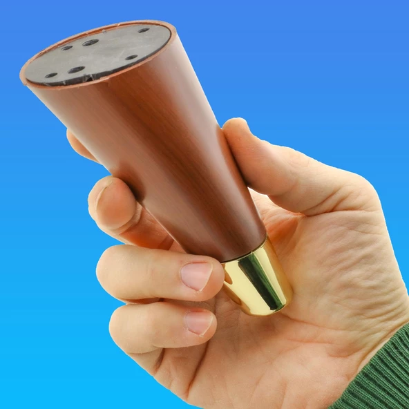 Konik Lüks Mobilya Sehpa Tv Ünitesi Koltuk Ayağı 12 Cm Kahverengi Ahşap Desenli Gold Ayakları - 6