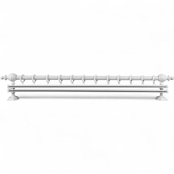 Beyaz Çift Raylı Ahşap Rustik Perde Askısı - 125 CM - 2
