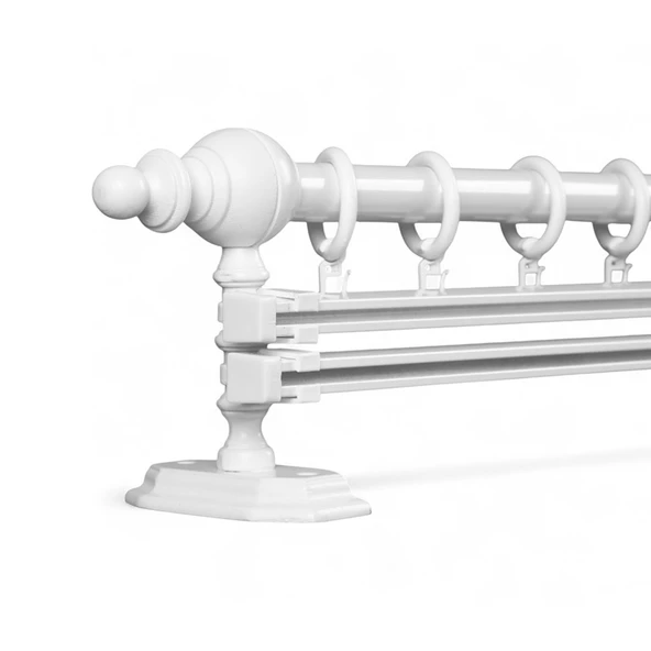 Beyaz Çift Raylı Ahşap Rustik Perde Askısı - 200 CM - 1