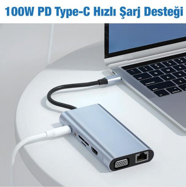 Coofbe 100W Multifonksiyonel 11in1 Type-C Dönüştürücü, 3x USB, 1x PD Type C, 1x RJ45, 1x HDMİ,1x VGA - 3