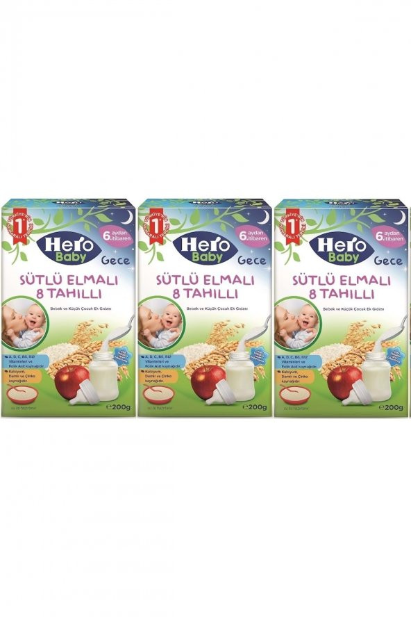 Hero Baby 200gr Gece Sütlü Elmalı 8 Tahıllı 3 Lü Set Kaşık Maması