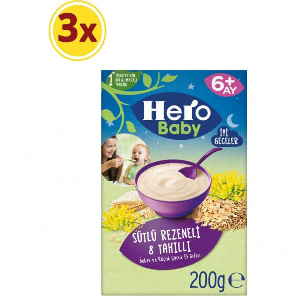 Hero Baby 200 Gr Sütlü 8 Tahıllı Rezeneli Kaşık Mama 3 Lü Paket