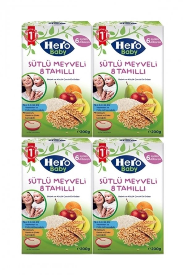 Hero Baby Sütlü Meyveli 8 Tahıllı Kaşık Maması 200 Gr x 4 Adet