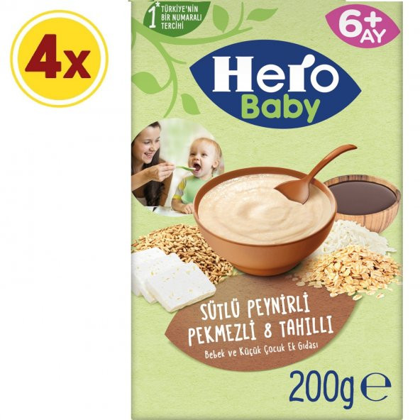Hero Baby Sütlü 8 Tahıllı Peynirli Pekmezli Kaşık Mama 200 Gr x 4 Adet