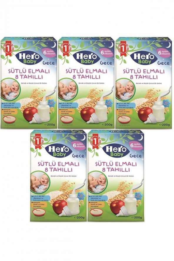 Hero Baby 200gr Sütlü Elmalı 8 Tahıllı 5 Li Set Kaşık Maması