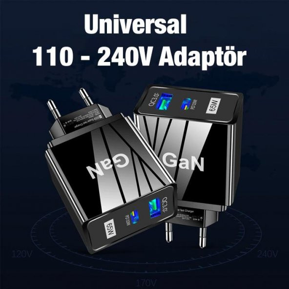 Coofbe 65W GaN QC3.0 PD Hızlı Başlığı 65W GaN Type-C + USB Şarj Adaptörü - 7