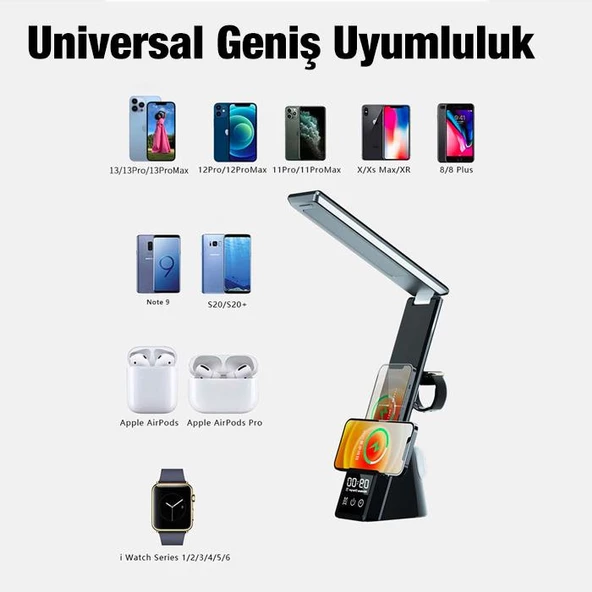 Coofbe 7in1 15W Kablosuz Şarjlı Katlanabilir Masa Lambası, 3 Modlu Işık, Saatli,Alarmlı Masa Lambası - 8