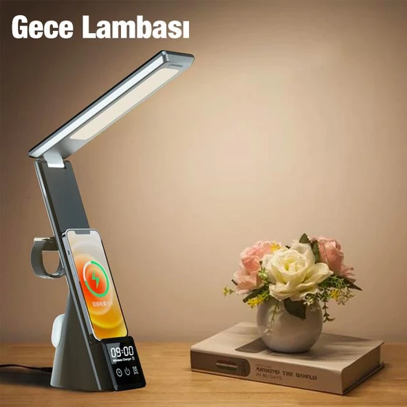 Coofbe 7in1 15W Kablosuz Şarjlı Katlanabilir Masa Lambası, 3 Modlu Işık, Saatli,Alarmlı Masa Lambası - 6