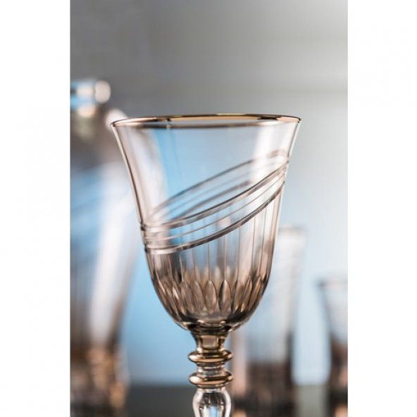 Kcd Seremoni Füme Kesme El Dekor Yaldızlı Desenli Cam 6 Adet Ayaklı Bardak Kadeh ürün görseli