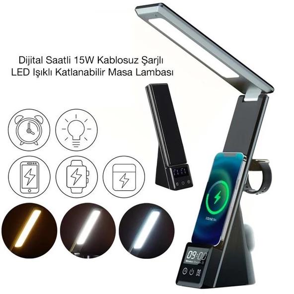 Coofbe Kablosuz Masaüstü Şarj Standı Dijital Saatli Led Işıklı Katlanabilir Çalışma Masa Lambası Gece Lambası - 10