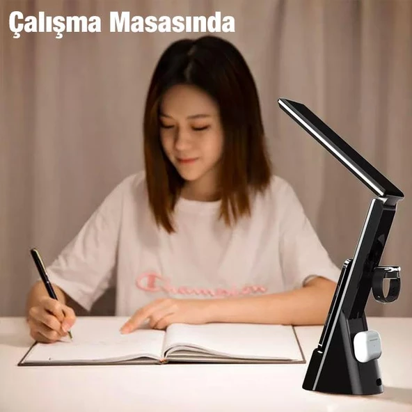 Coofbe Kablosuz Masaüstü Şarj Standı Dijital Saatli Led Işıklı Katlanabilir Çalışma Masa Lambası Gece Lambası - 7