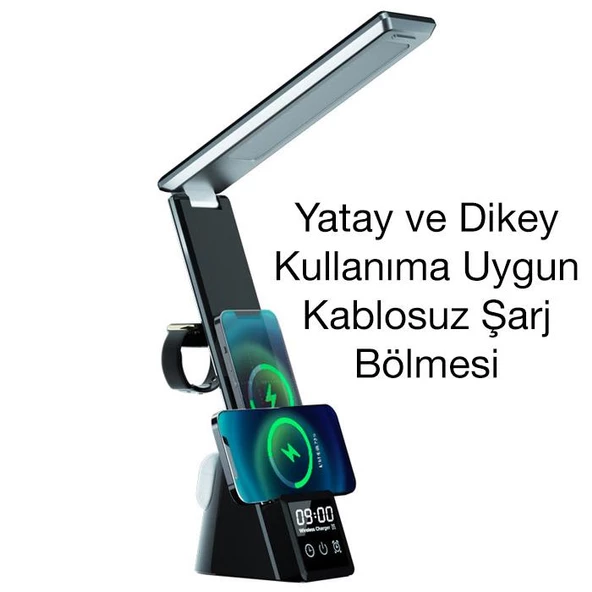 Coofbe Kablosuz Masaüstü Şarj Standı Dijital Saatli Led Işıklı Katlanabilir Çalışma Masa Lambası Gece Lambası - 12