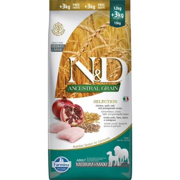 N-D Düşük Tahıllı Tavuklu Narlı Medium Maxi Adult Köpek Maması 12 Kg + 3 Kg