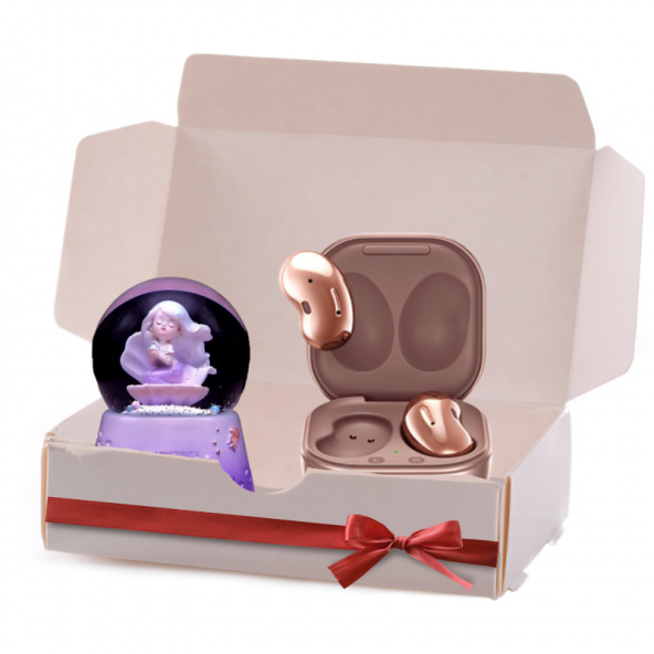 Hediye Kutusu Samsung Uyumlu Galaxy Buds Live Bronze Bluetooth Bağlantılı Kablosuz Kulaklık ve Kar Küresi