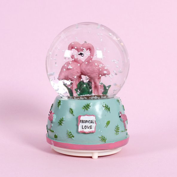 Sevimli Flamingolar Işıklı Müzikli Kar Küresi / Yeşil 80sz - 2