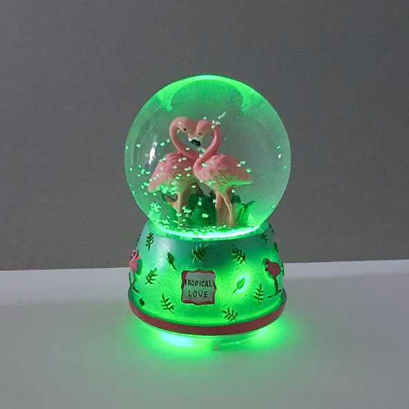 Sevimli Flamingolar Işıklı Müzikli Kar Küresi / Yeşil 80sz - 5