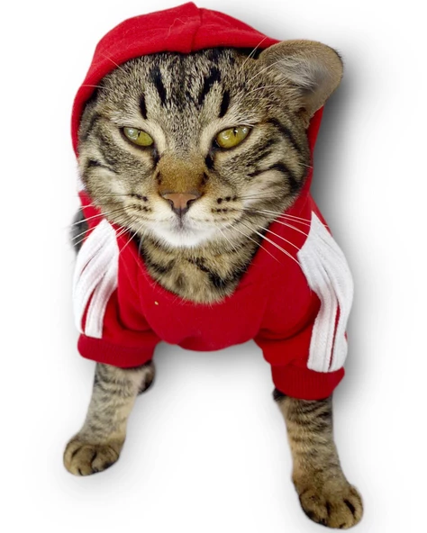 Kırmızı Adidog Kapşonlu Kedi Sweatshirt Kedi Kazağı Duo - 6