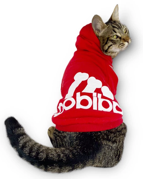 Kırmızı Adidog Kapşonlu Kedi Sweatshirt Kedi Kazağı Duo