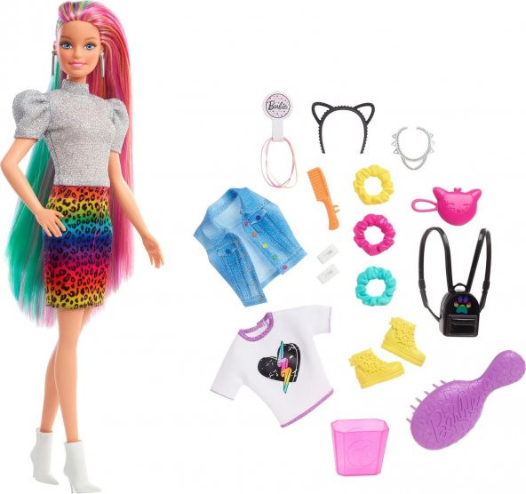 Barbie Leopar Desenli Saçlar Bebeği