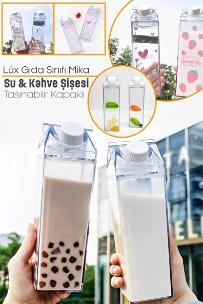 Lüx Mika Süt Kutusu Tasarımlı Su Kahve İçecek Şişesi Şeffaf Gıda Sınıfı Kahve Sunum Bardağı 500 ml.