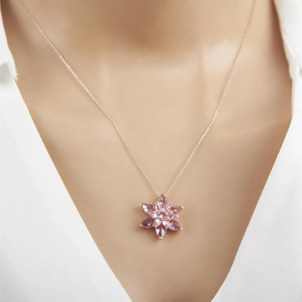 Pembe Lotus Çiçeği Rose Kaplama 925 Gümüş Kadın Kolye - 2