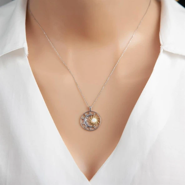 Ay Güneş Modeli Rodyum Kaplama 925 Gümüş Kadın Kolye - 2