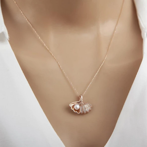 Mercan İnci Rose Kaplama 925 Gümüş Kadın Kolye - 7