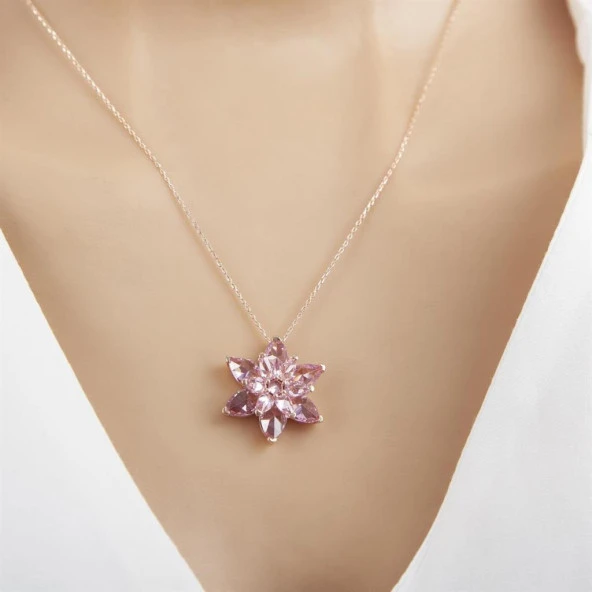 Pembe Lotus Çiçeği Rose Kaplama 925 Gümüş Kadın Kolye - 5