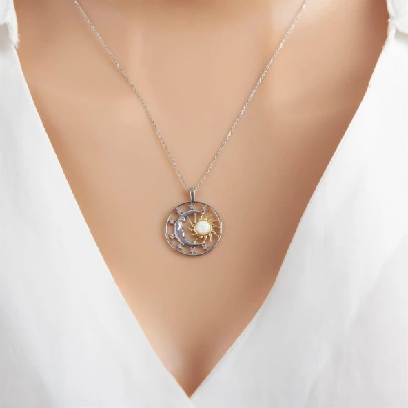 Ay Güneş Modeli Rodyum Kaplama 925 Gümüş Kadın Kolye - 5