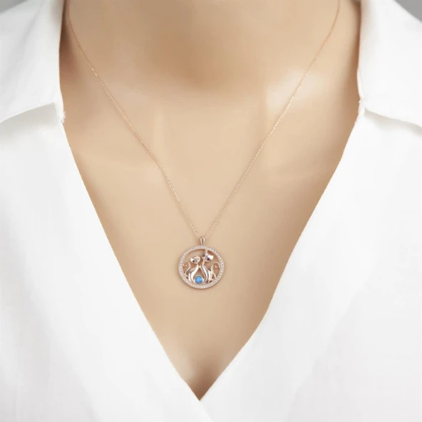 Çift Kedi Modeli Rose Kaplama 925 Gümüş Kadın Kolye - 4