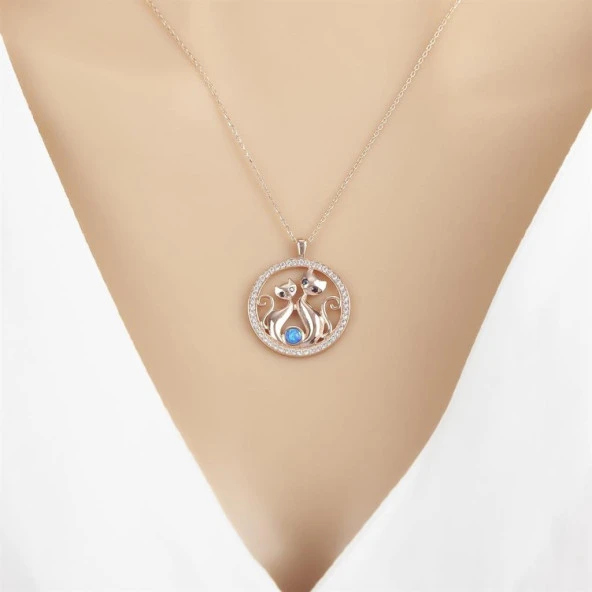 Çift Kedi Modeli Rose Kaplama 925 Gümüş Kadın Kolye - 5