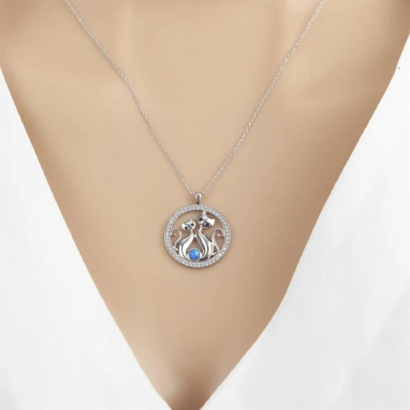 Çift Kedi Modeli Rodyum Kaplama 925 Gümüş Kadın Kolye - 5