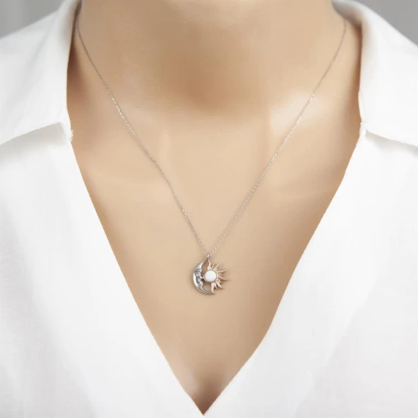 Ay Güneş Modeli Rodyum Kaplama 925 Gümüş Kadın Kolye - 4