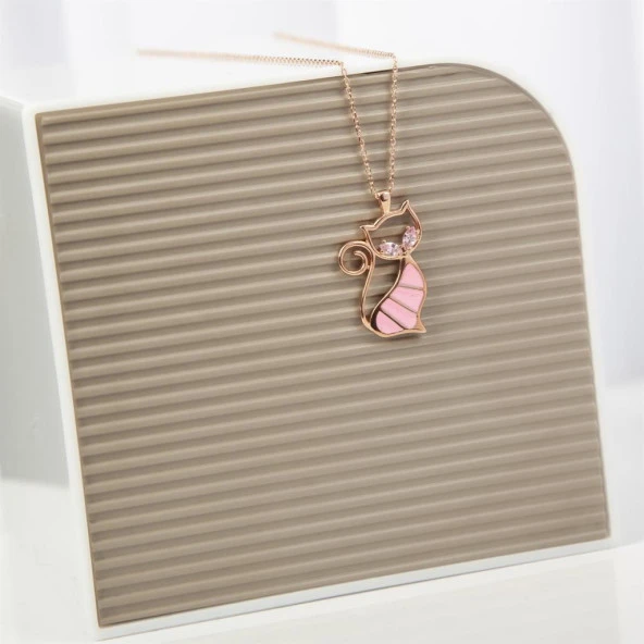Pembe Kedi Modeli Rodyum Kaplama 925 Gümüş Kadın Kolye - 3